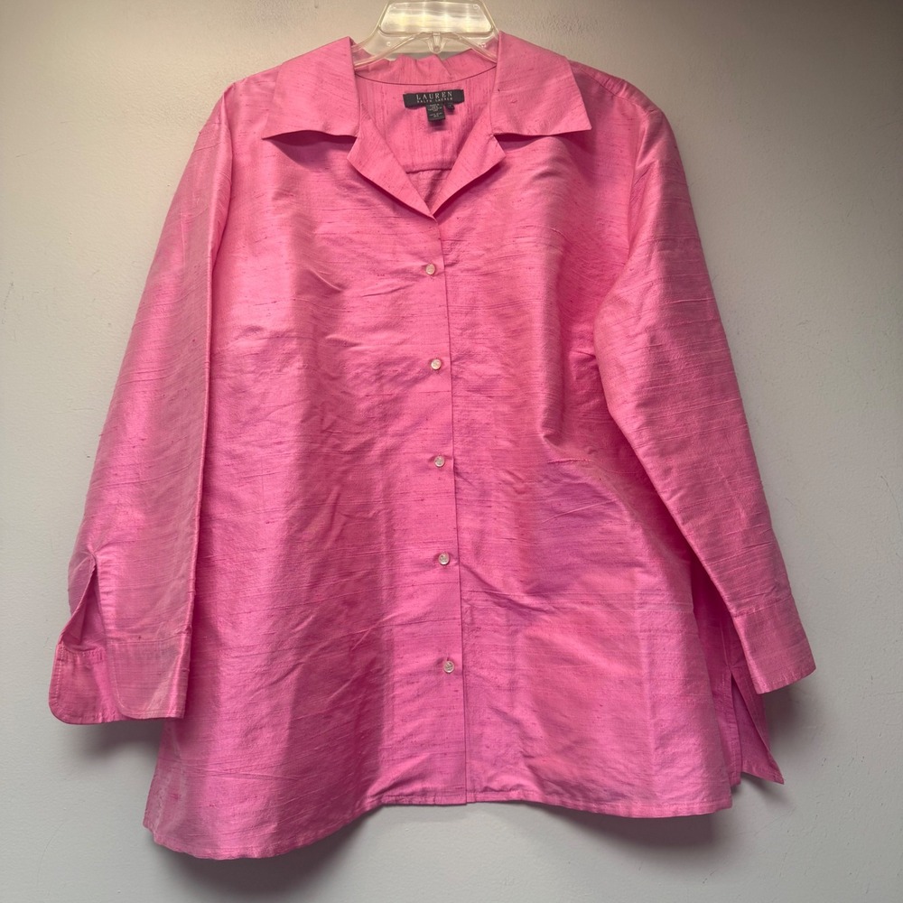 Lauren Ralph Lauren Shirt Womens 1X Pink Excellent Silk Button Down Slub Texture